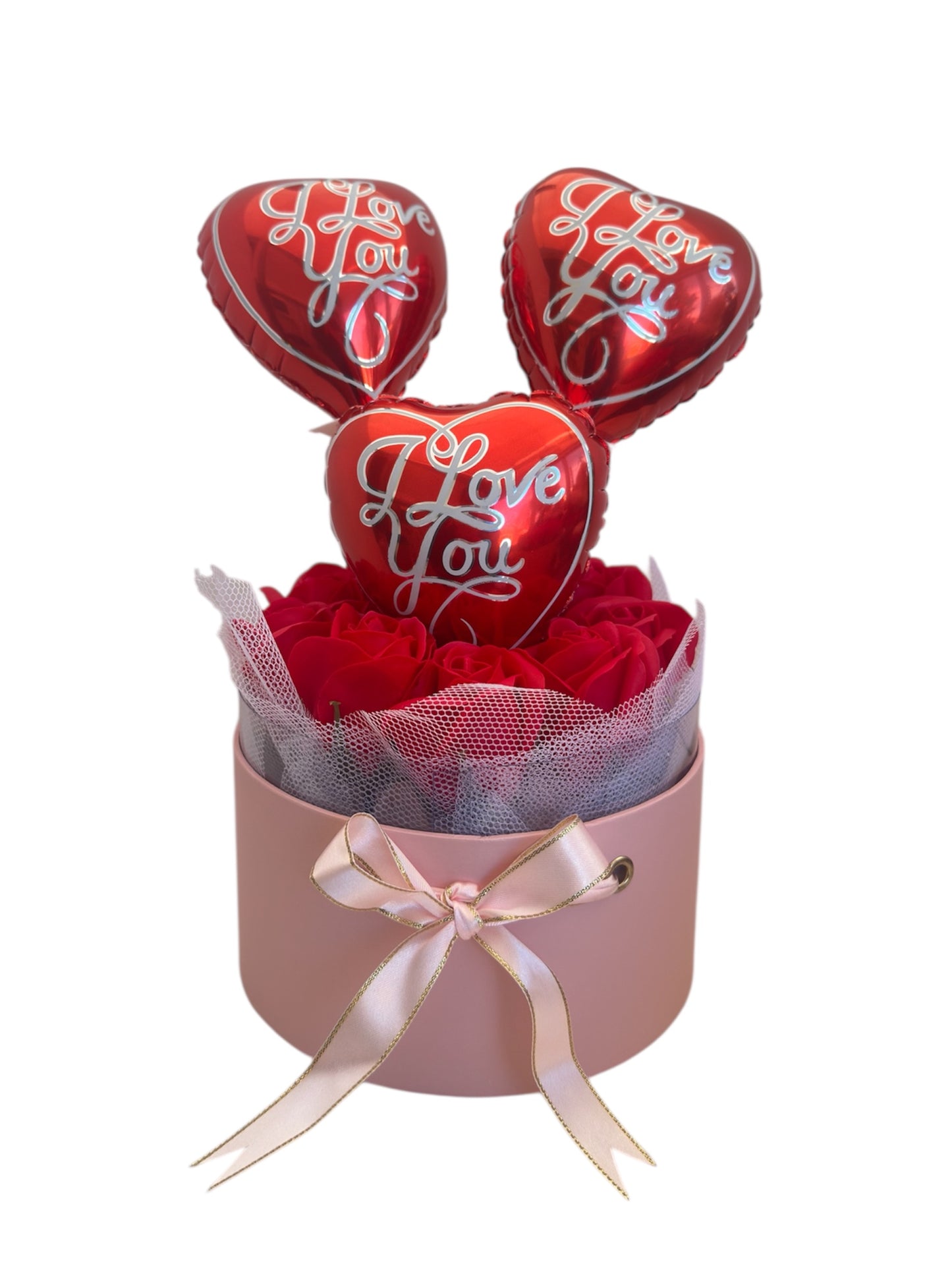 Pink & Red Love Combo – Ροζ Κουτί με Κόκκινα Τριαντάφυλλα & Μπαλόνια I Love You