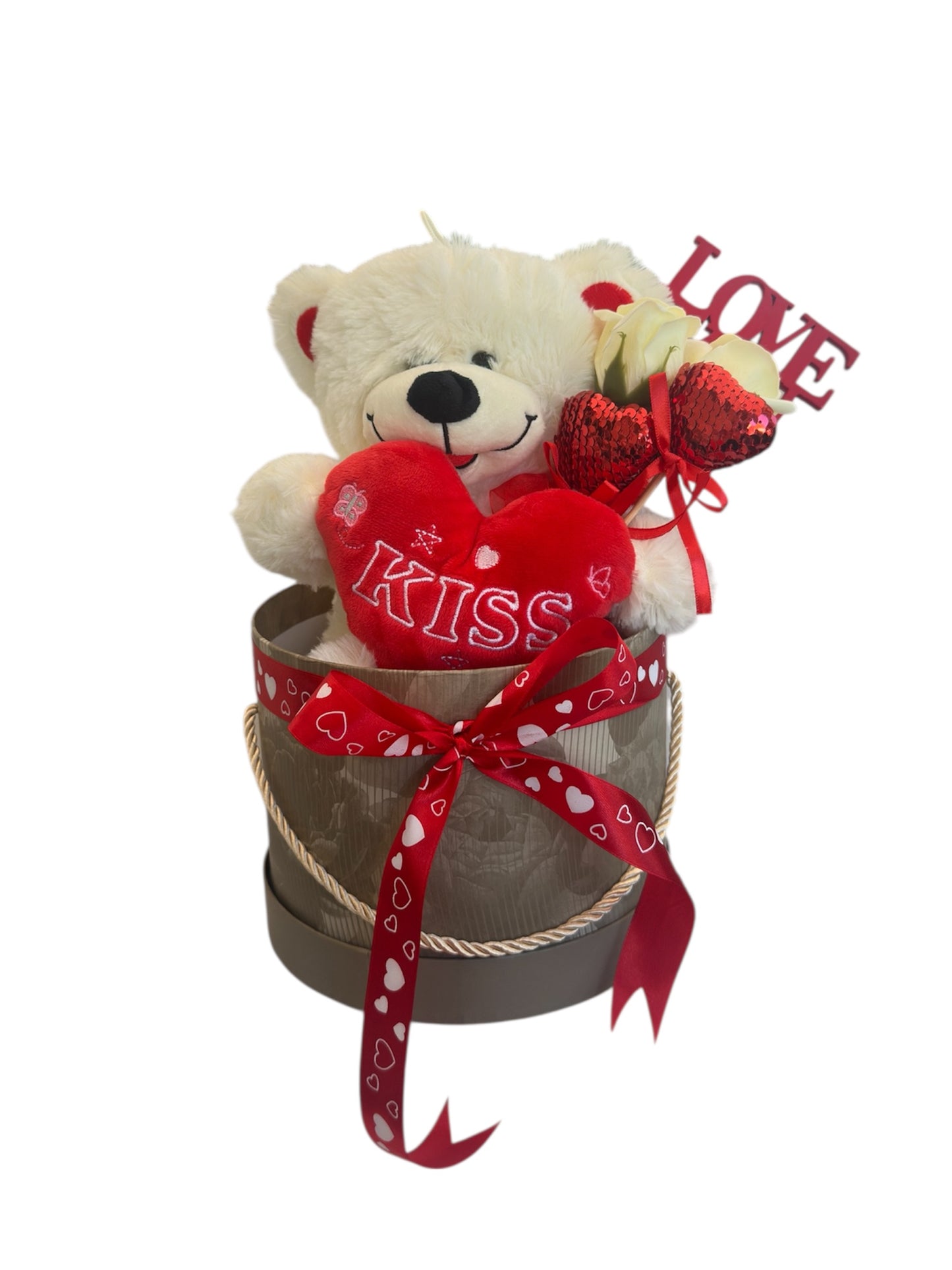 Kiss & Love Beige Box – Λευκός Αρκούδος με Ανθοδέσμη & Διακοσμητικά Στικ