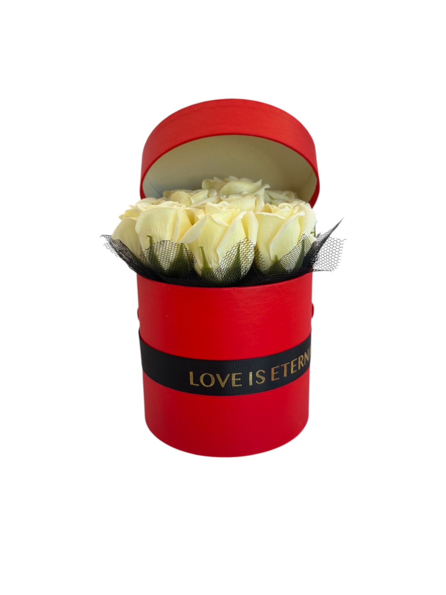 Eternal Love Box – Κόκκινο Κουτί με Λευκά Τριαντάφυλλα & Μήνυμα Αγάπης