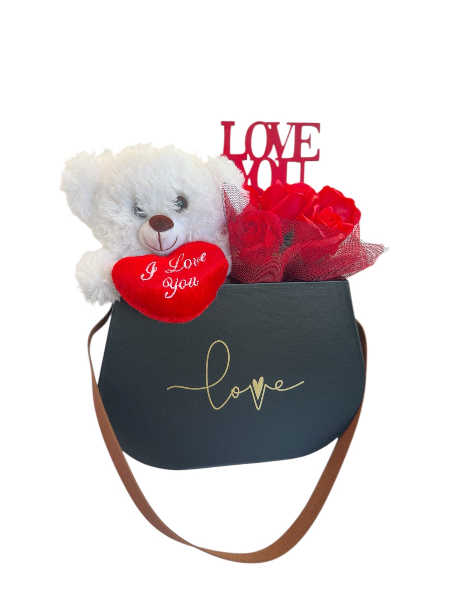 Luxury Love Tote – Λευκό Αρκουδάκι με Ανθοδέσμη σε Premium Μαύρη Box-Bag