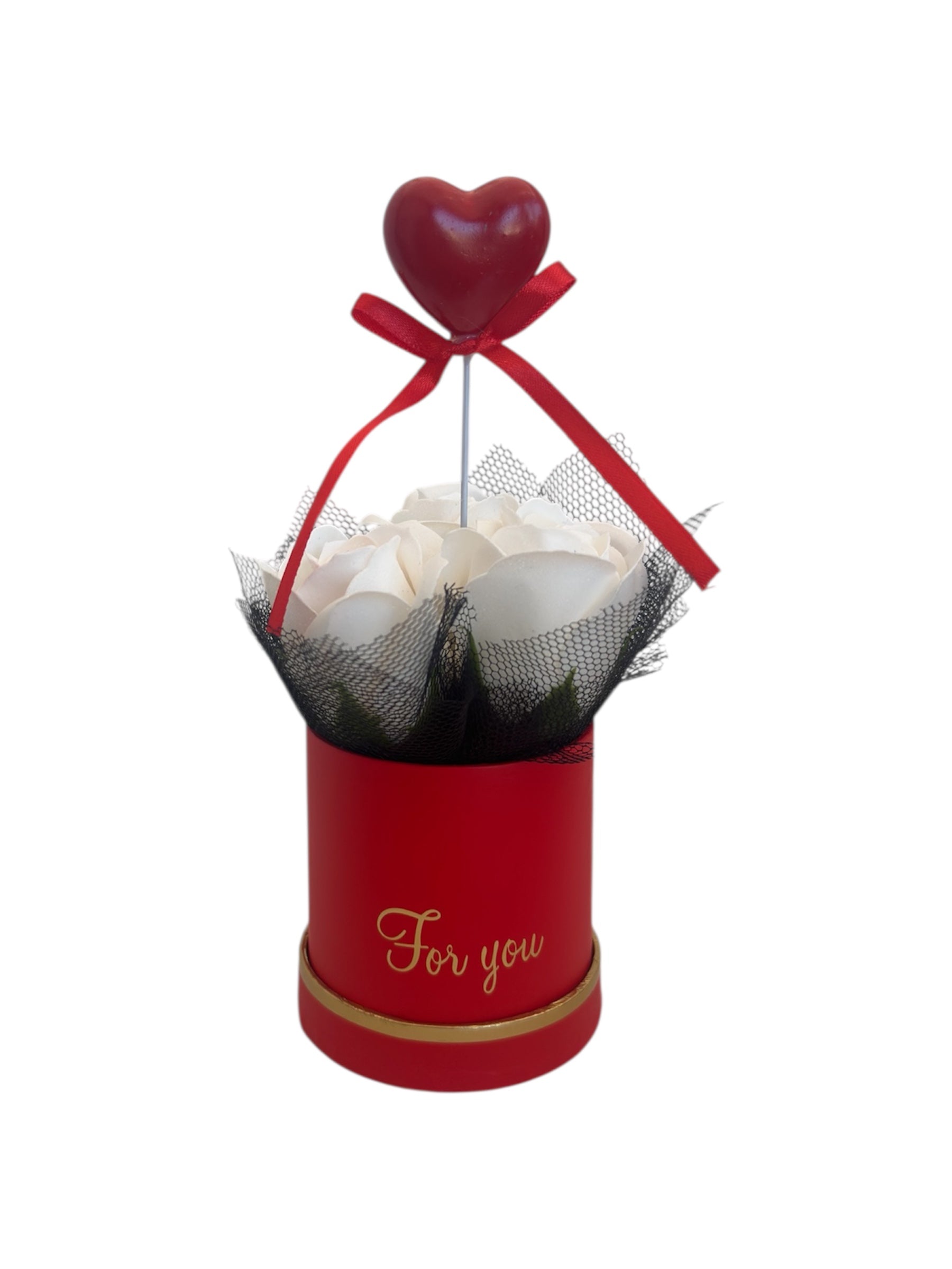 Red Passion For You Box – Λευκά Τριαντάφυλλα & Στικ Καρδιά σε Κόκκινο Κουτί