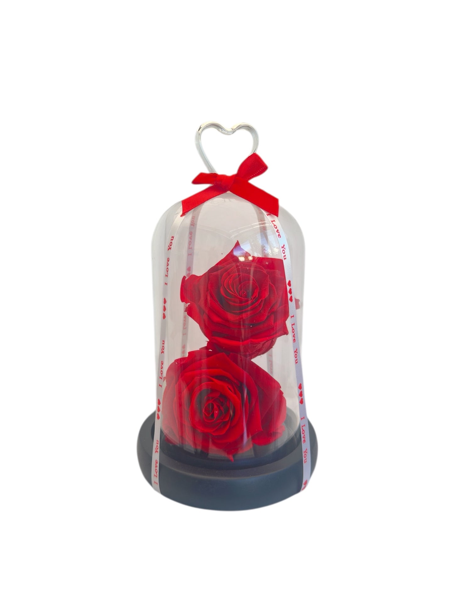 Double Forever Heart Dome – Δύο Αιώνια Τριαντάφυλλα σε Γυάλα με Καρδιά & Μαύρη Βάση
