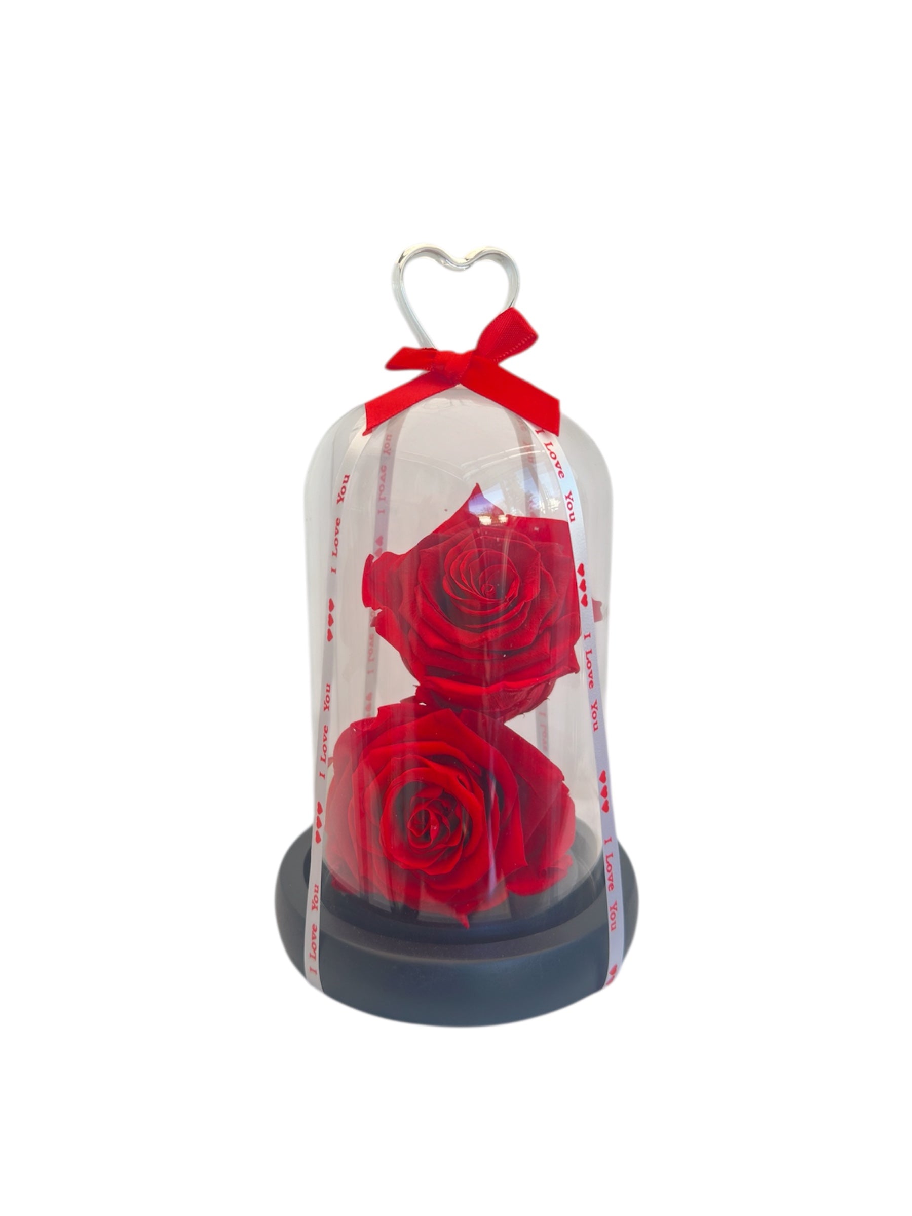 Double Forever Heart Dome – Δύο Αιώνια Τριαντάφυλλα σε Γυάλα με Καρδιά & Μαύρη Βάση