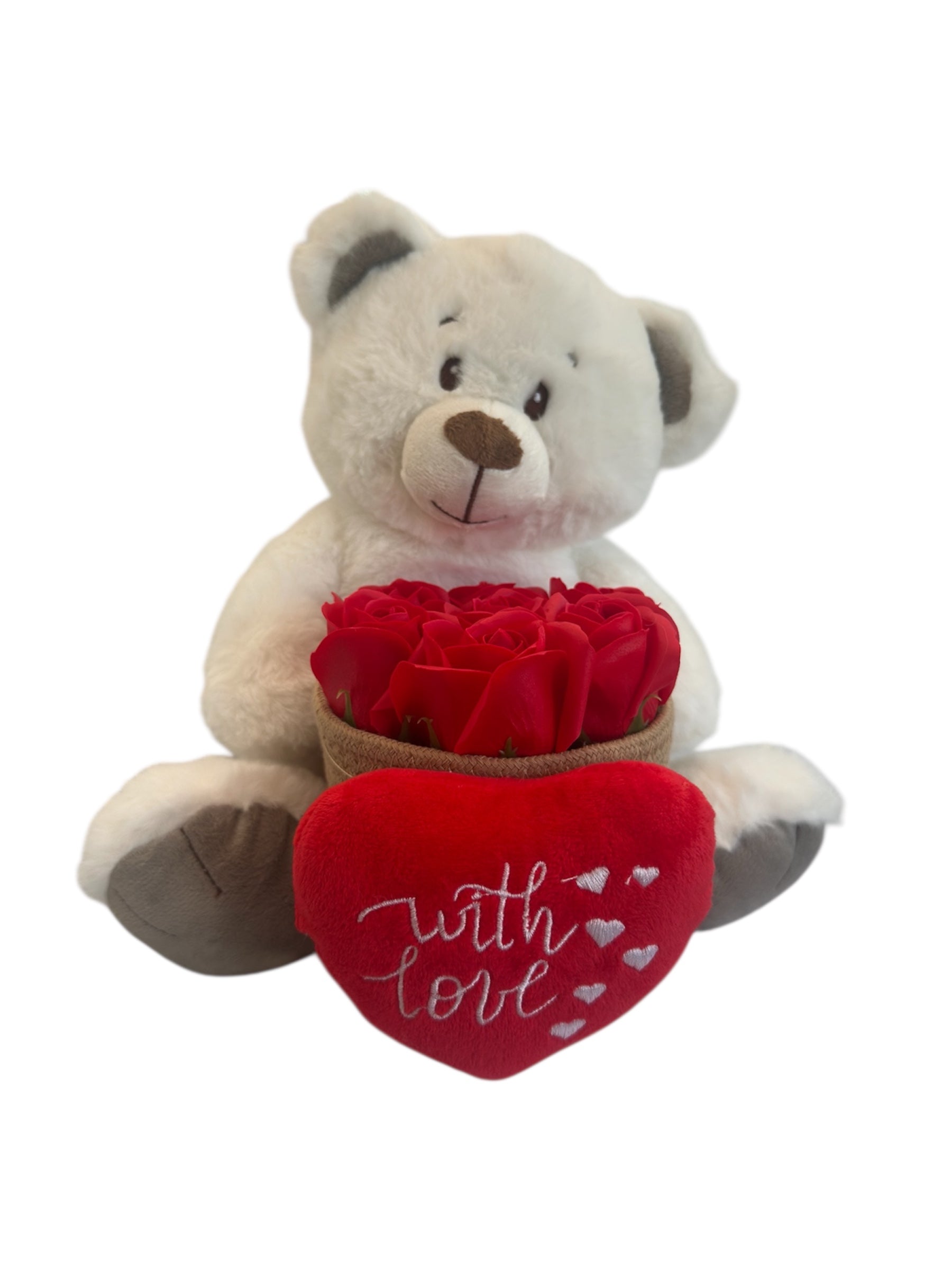 Large Love Bear Basket – Λευκός Αρκούδος με Καλάθι Τριαντάφυλλων & Λούτρινη Καρδιά