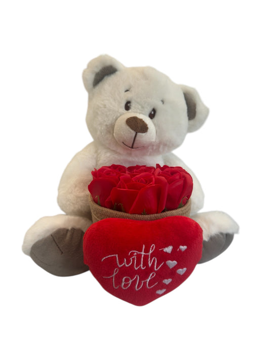 Large Love Bear Basket – Λευκός Αρκούδος με Καλάθι Τριαντάφυλλων & Λούτρινη Καρδιά