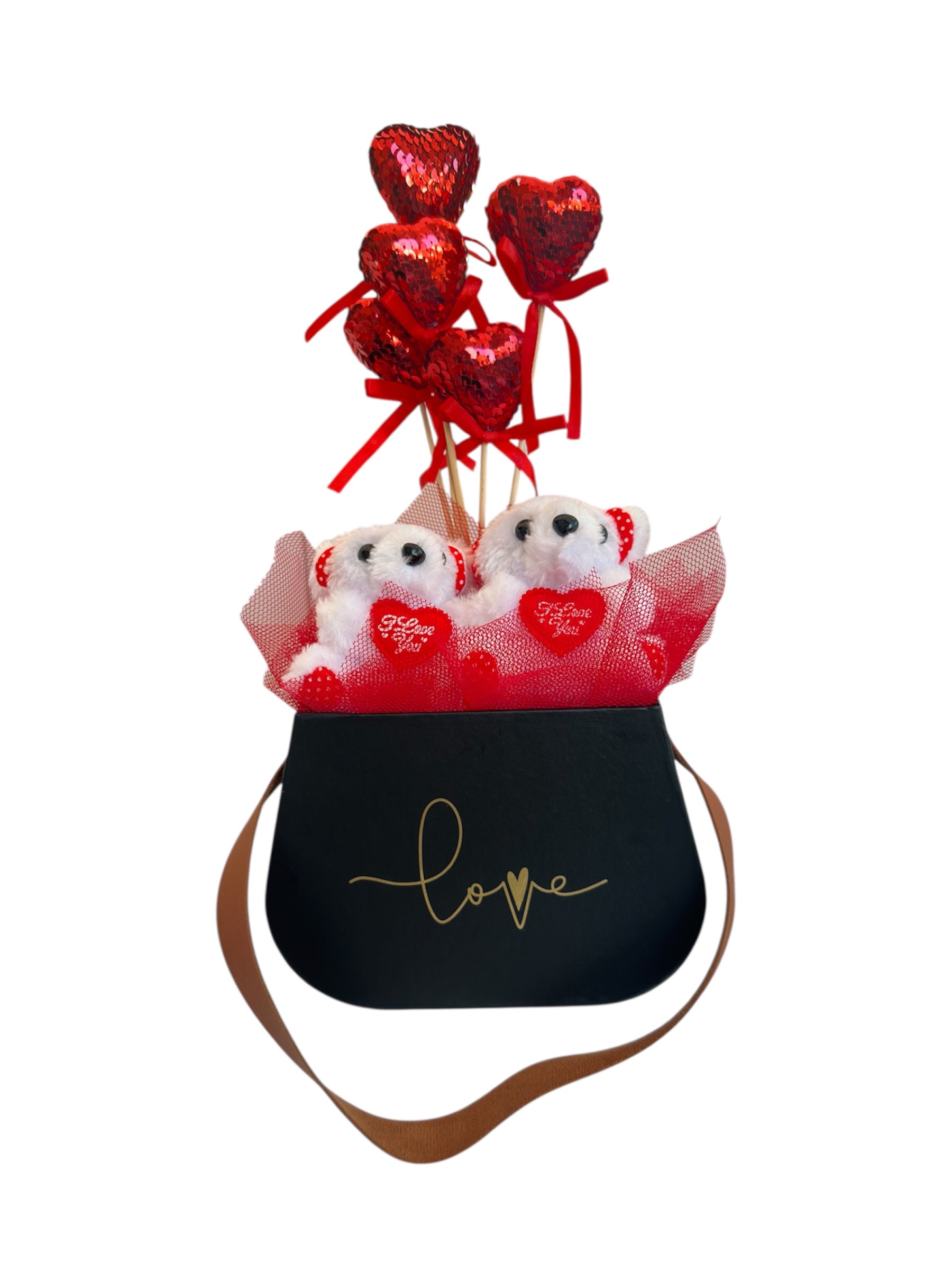 Luxury Love Tower – Premium Μαύρη Box-Bag με Αρκουδάκια & Καρδιές