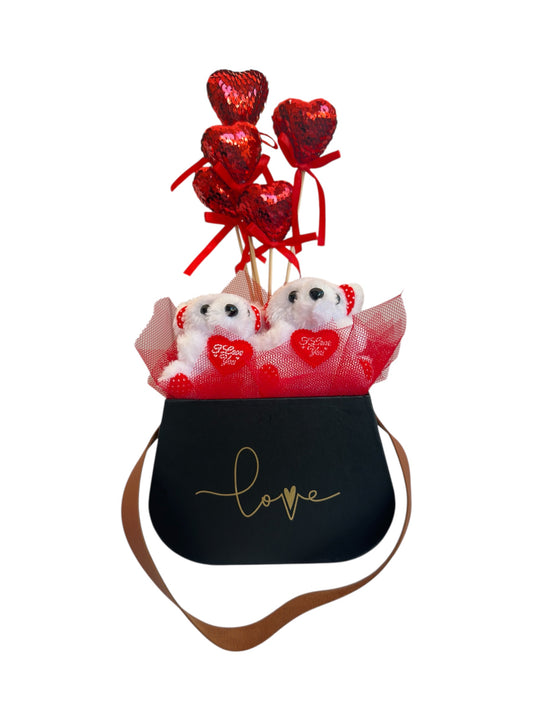 Luxury Love Tower – Premium Μαύρη Box-Bag με Αρκουδάκια & Καρδιές