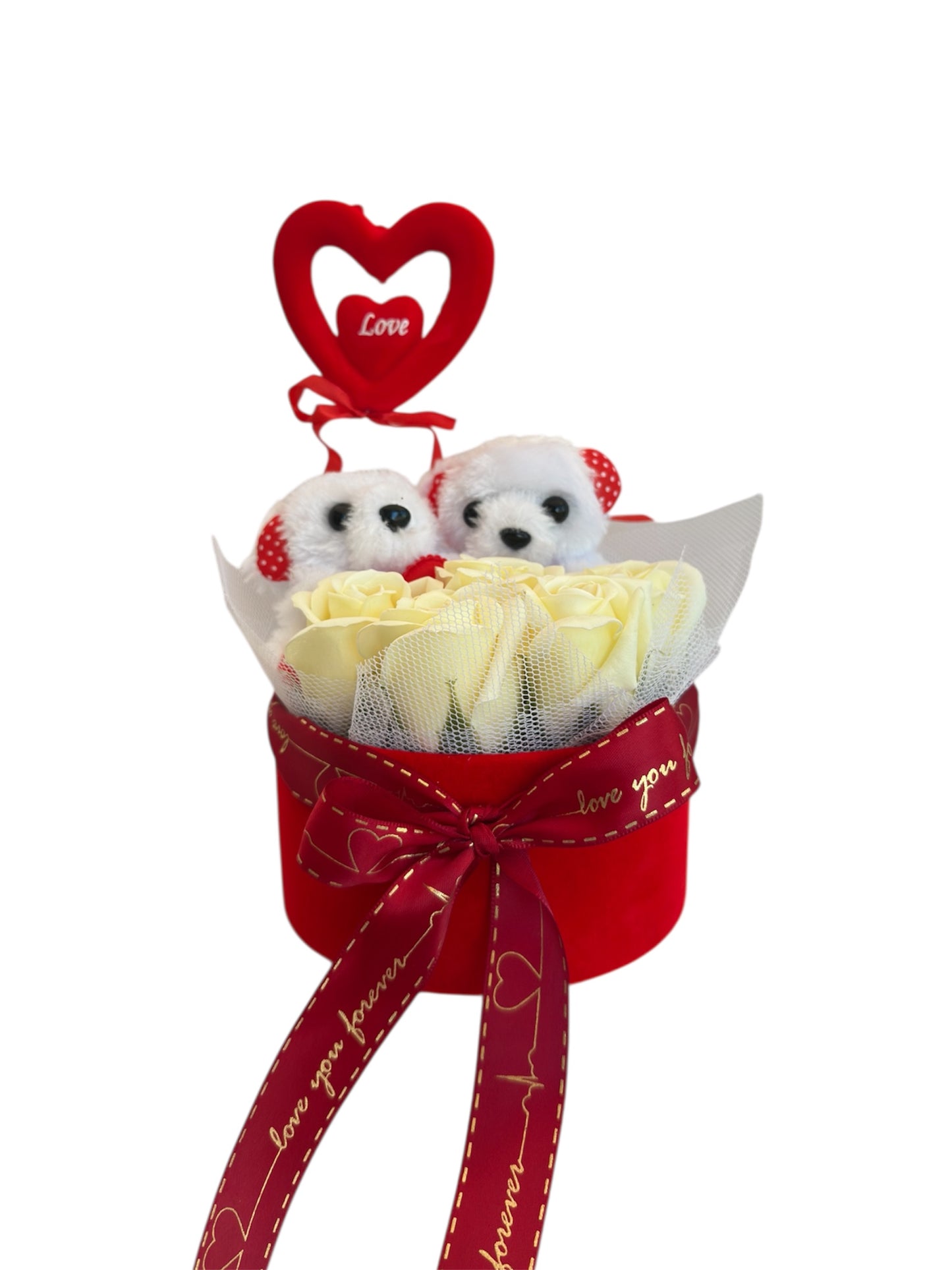 Pure Love Gift Box – Λευκά Τριαντάφυλλα Σαπουνιού με Αρκουδάκια & Stick Καρδιά